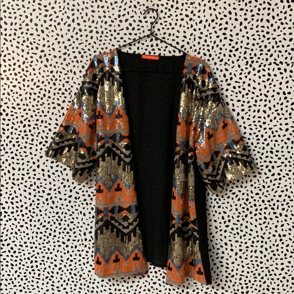 Vintage Inspired Neon Orange Tribal Sequins Aztec Geometric Jacket… Rare finds🧡